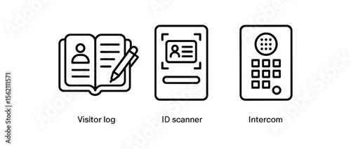 Icons of visitor log, id scanner, and intercom on gray background vector icon isolated illustration