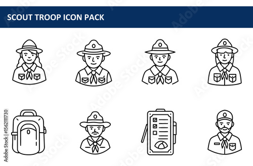 Scout troop members and equipment in various poses. Outline illustrations of diverse genders and ages in scout uniforms, representing leadership and educational setting in an outdoor activity.