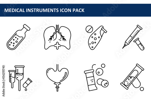 Medical instruments icon pack depicting various medical equipment in a white background. Line art illustrations of lungs, test tubes, syringes, and other medical tools.