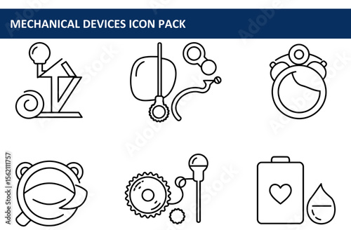 Mechanical devices icons in a graphic design style. Collection of simple, outline icons with detailed illustrations of mechanical devices in a white background.