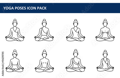 Female yoga poses illustrated in various poses; line art style yoga instructor imagery for fitness and wellness content. Women in meditation postures with various clothing options.