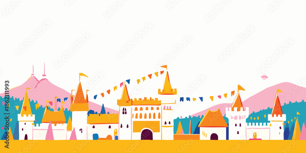 Fototapeta premium A vibrantly illustrated fairytale town, complete with a charming castle, festive bunting, and scenic mountains, is presented in a flat, playful design, perfect for children and imaginative projects.