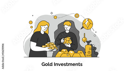 Adult couple examining gold bullion in a cave-like setting. Individuals holding and inspecting precious metal investment.