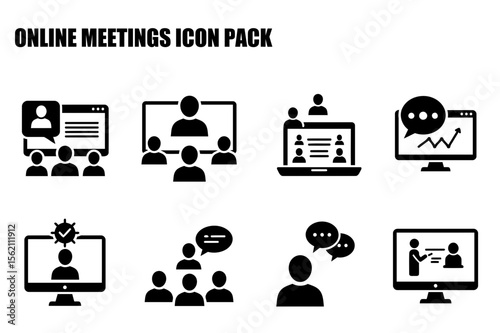 Online meeting icons depicting various group interactions. Collection of simple, black and white icons illustrating diverse online meeting scenarios.