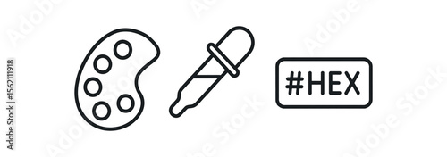 Color palette tools icons: paint palette, eyedropper, hex code symbol vector icon isolated illustration