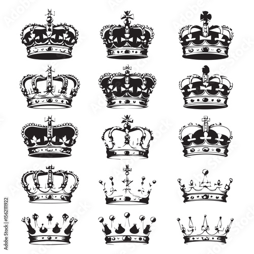 Vector art of a collection of twelve regal crowns isolated on white background, ideal for adding a touch of elegance