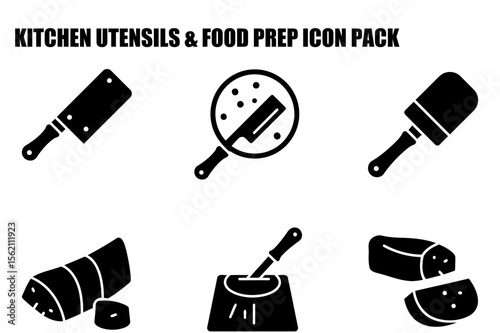 Kitchen utensils and food prep icons for commercial use. Black and white silhouette illustrations of various kitchen tools and food items in a simple, clean design.