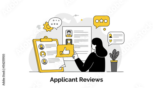 Female candidate reviewing applicant profiles in a modern office setting. A businesswoman examines candidate profiles, evaluating job applications with a professional demeanor.