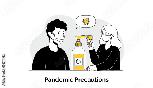 Pandemic precautions with a young adult man and woman in black clothing wearing masks, checking hand sanitizer and temperature, in a public setting.