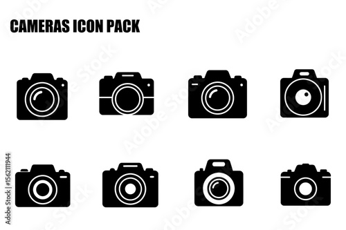 Black and white camera icons set against a plain white background. Simple camera silhouettes in various designs with different lenses and features.