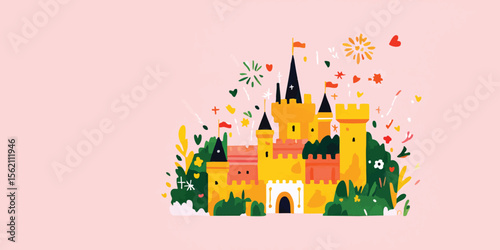 A whimsical castle illustration, bursting with vibrant colors and festive fireworks against a pastel backdrop, evokes a sense of enchantment and celebration. 