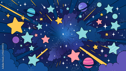ポップな宇宙の爆発と星のコミックアート風の背景フレーム。