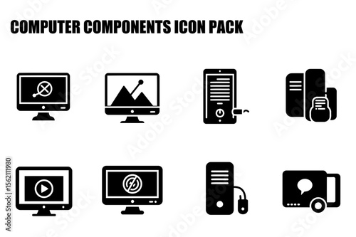 Computer components icon pack depicting various devices and functions in a flat design. Displaying diverse computer functions in a professional, business setting.