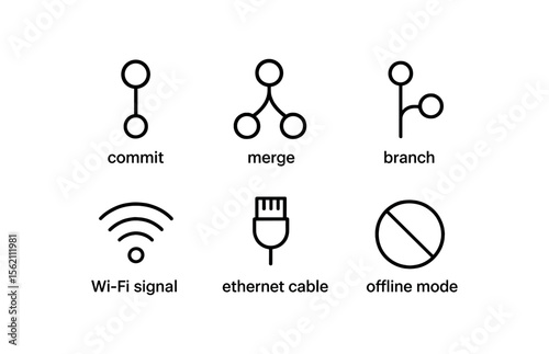 Technology symbols: commit, merge, branch, wi-fi, ethernet, offline vector icon isolated illustration