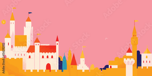 A vibrant illustration of a fairytale castle, set against a pink backdrop. Depicting storybook charm with various towers, spires, and battlements.