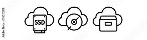 Cloud storage icons: ssd, disk, box in minimalist design vector icon isolated illustration