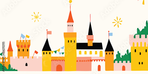 A whimsical illustration of a storybook castle, bursting with color and fantasy. Capturing the charm and magic of a fairy tale setting.