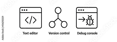 Software development tools icons: text editor, version control, debug console vector icon isolated illustration