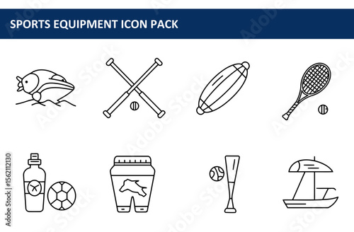 Sports equipment icons in line art style depicting various water and land sports. Diverse sports equipment, showing various sports and recreational activities.