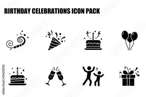 Birthday celebration icons in a diverse range of celebratory activities. Simple black and white graphic icons depict party supplies, cake, balloons, and dancing figures with a gift.