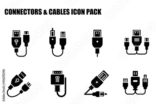 Black and white technical illustrations of various cables and connectors. Collection of diverse cable and connector icons for electronic devices.