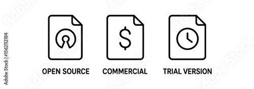 Icon set: open source, commercial, trial version documents on gray background vector icon isolated illustration