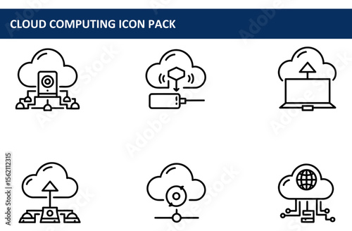 Cloud computing icon pack depicting various functions with a white background. Set of simple, line-style icons illustrating different cloud computing actions and processes.