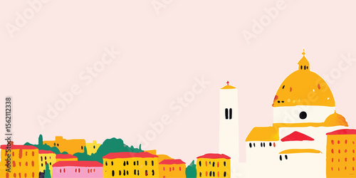 A vibrant illustration captures a charming townscape. A graphic illustration of a lively town with colorful buildings and a grand cathedral.