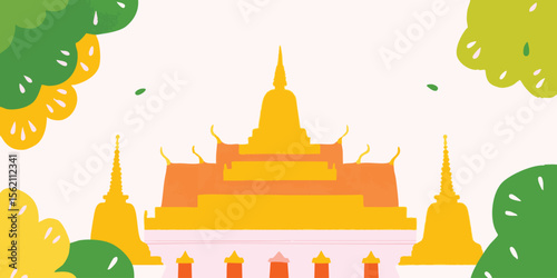 A vibrant illustration of an ancient temple amidst lush greenery, evoking a sense of serenity and cultural heritage.