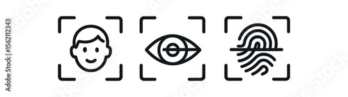 Biometric icons: facial, ocular, fingerprint recognition symbols on gray background vector icon isolated illustration