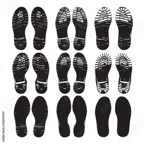 Vector art of twelve unique shoe sole prints isolated on white background, perfect for adding detail to your designs