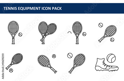 Tennis equipment icons in various poses with tennis balls and shoes. Set of graphic icons for a tennis equipment icon pack. Sports equipment for use in tennis.