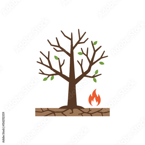 Dry Tree with Flame and Cracked Ground, Wildfire Risk Icon, Flat Vector