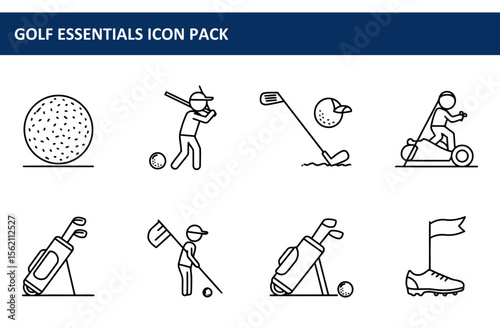 Golf essentials icon pack depicting various golfing activities. Line art illustrations of golfers playing golf, carrying equipment and using various equipment.