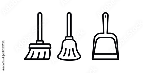 Black silhouette icons of broom, brush, and dustpan on gray background vector icon isolated illustration