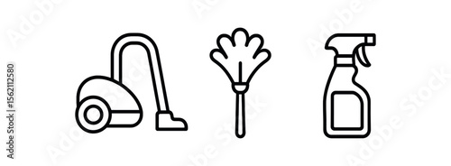 Cleaning tools icons: vacuum, duster, spray bottle on gray background vector icon isolated illustration