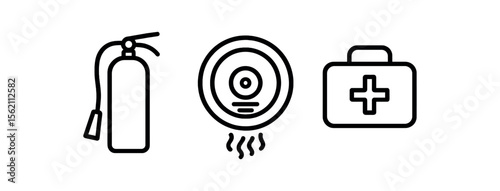Fire extinguisher, smoke detector, and first aid kit icons vector icon isolated illustration