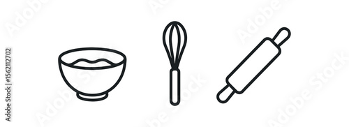 Baking tools icon set: bowl, whisk, rolling pin on dark background vector icon isolated illustration