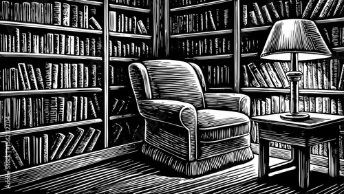 intimate bookshop corner with stacked shelves, rolling ladder and drowsy cat, great for literary blogs, café menus, cozy posters or notebook covers, a black and white line art illustration