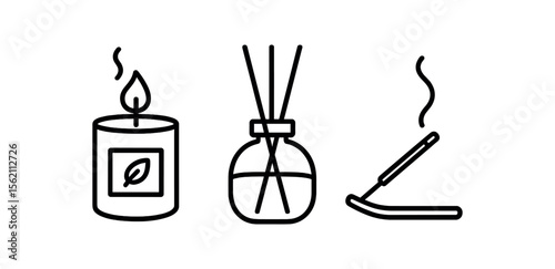 Aromatherapy elements: candle, reed diffuser, incense stick vector icon isolated illustration