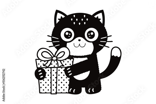 Charming monochrome kitten holds a polka dotted gift box with a bright bow