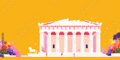 A simplified, artistic rendition of a classical building with a striking yellow backdrop. The illustration embodies the grandeur of ancient architecture, presented in a modern, accessible style.