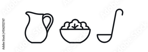 Kitchen utensils: pitcher, bowl, ladle in simple black icons vector icon isolated illustration