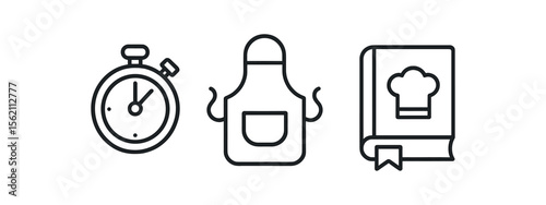 Cooking icon set with timer, apron, and recipe book symbols vector icon isolated illustration