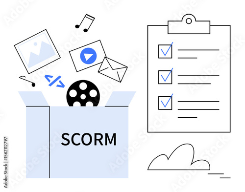 Box labeled SCORM with multimedia files emerging, a checklist, and cloud. Ideal for e-learning, content standards, multimedia management, education platforms, online training, compliance simple flat