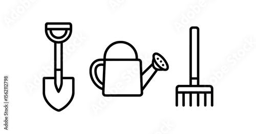 Gardening tools outline: shovel, watering can, rake on dark background vector icon isolated illustration