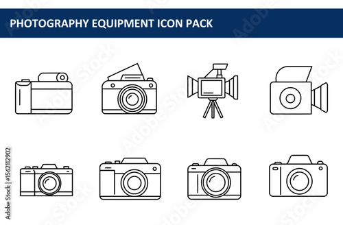 Line art photography equipment icons in a flat design. Diverse camera models and a video camera on a tripod.