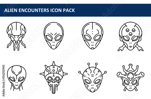 Alien encounter icons in various forms, front view, against a plain white background. Collection of extraterrestrial beings displayed in a graphic design style for use in iconography.