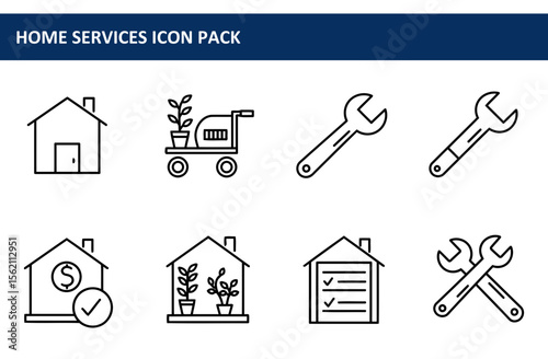 Home services icons set depicting various tasks and objects related to home maintenance, repair, and improvement.