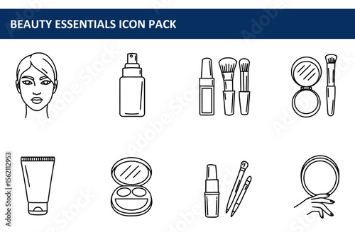 Beauty essentials icons set featuring makeup products and tools in a graphic design format. A diverse array of female beauty products, in a simple, flat, and minimalist design for digital use.